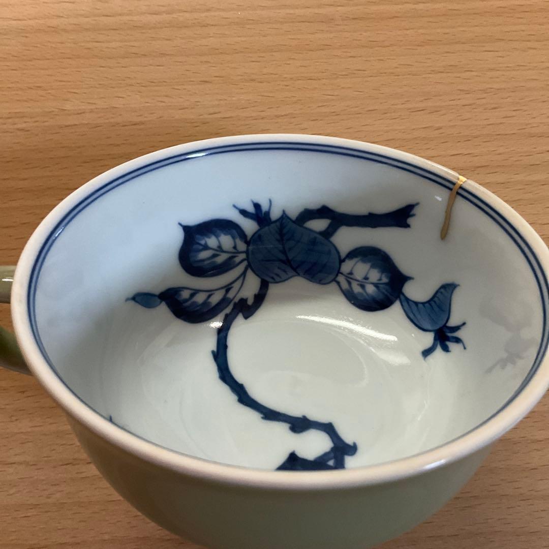 【金継ぎ】源右衛門　青磁　木の葉紋スープカップ