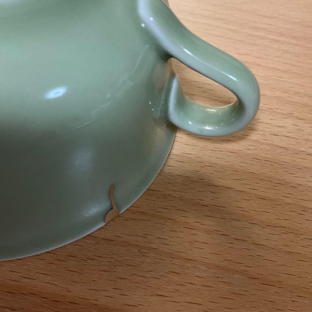 【金継ぎ】源右衛門　青磁　木の葉紋スープカップ