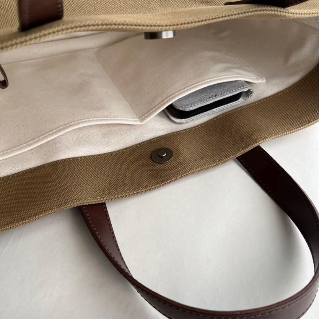 シンプル帆布のトートバッグ　本革ハンドル　薄茶