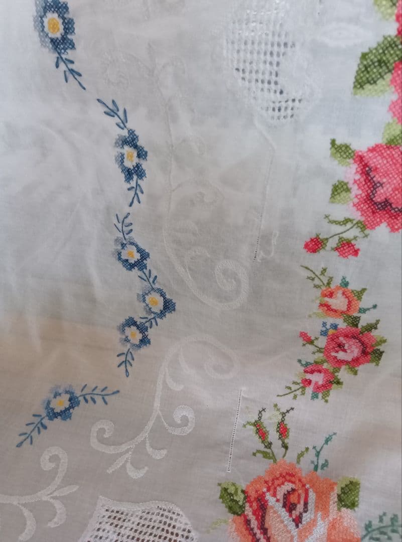 花柄手刺繍大型テーブルクロス