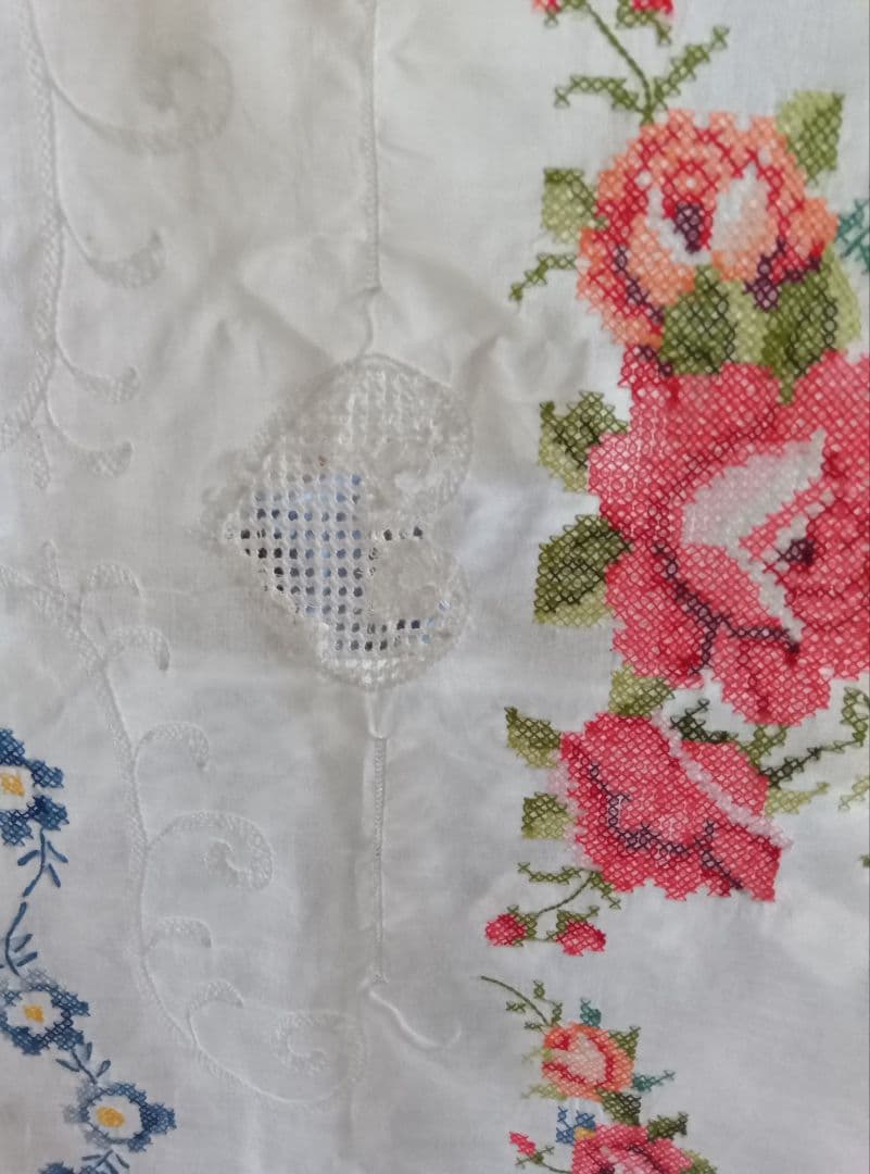 花柄手刺繍大型テーブルクロス