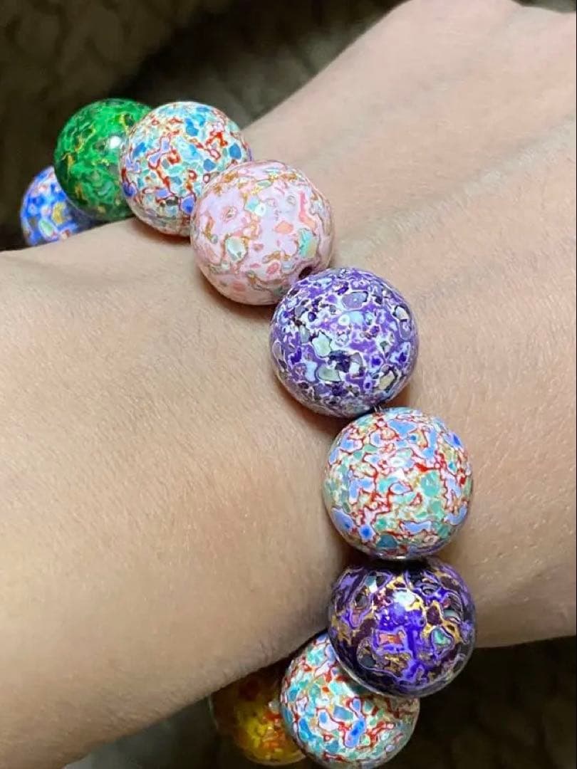 辰砂　大漆珠　螺鈿加工　ブレスレット　１５mm 内径１５cm