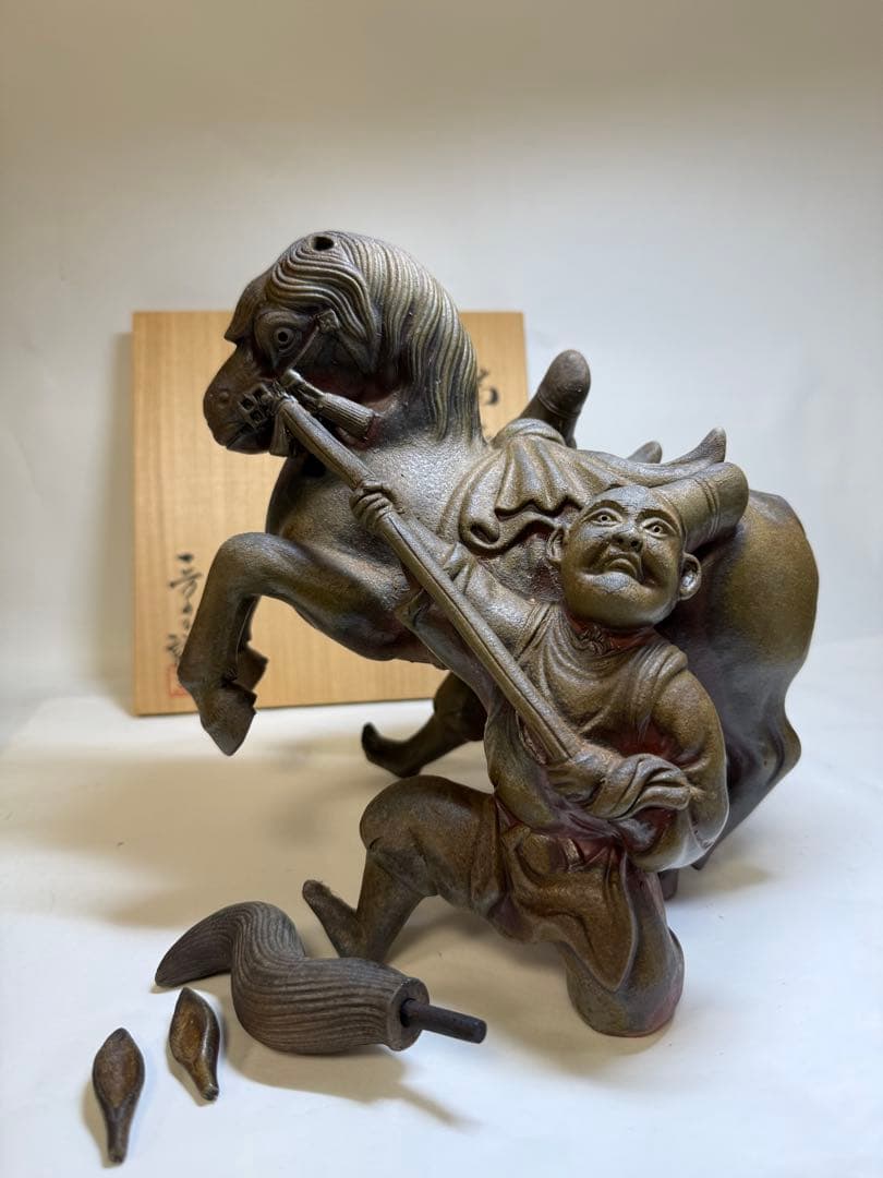 T5 備前焼 陶芸家 初代 小山一草 「追馬」 置物 共箱 美術品