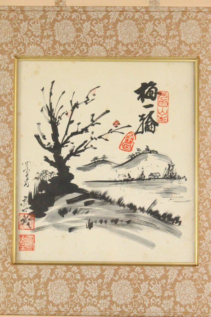 No5739 掛軸風額　作者不詳　在銘　水墨梅図　色紙　日本画　絵画　送料無料