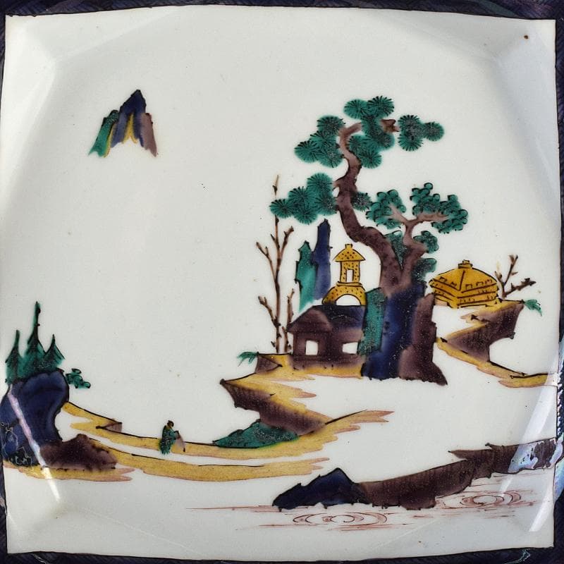 九谷焼　三代三ツ井為吉作　古九谷写　色絵山水文　八角飾皿　共箱　V　R9119B