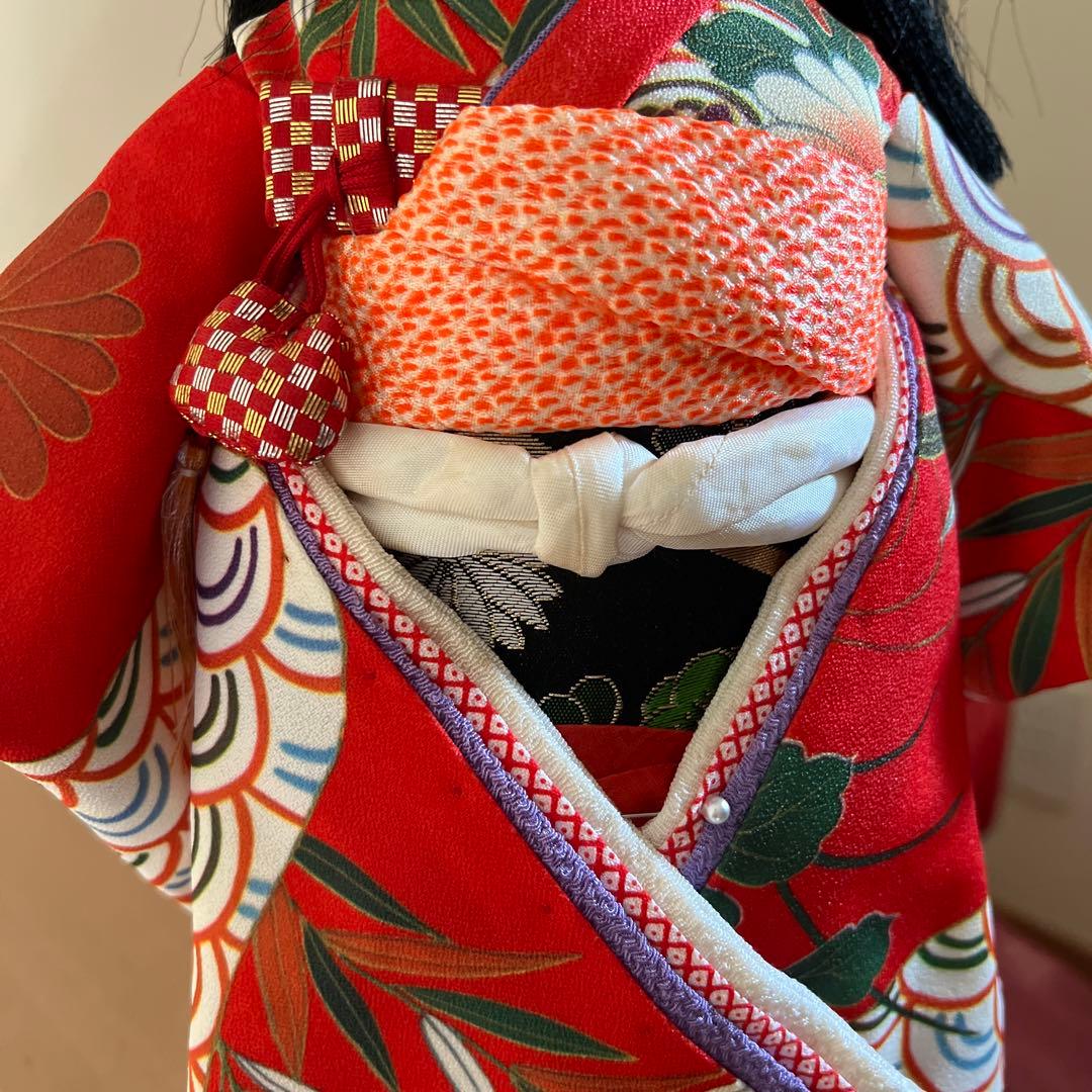 年代物　市松人形　綸子　赤　12号