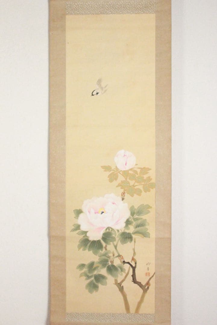No5183掛軸　晴香　牡丹に雀　絹本　日本画　縁起物　花鳥図　古美術　送料無料