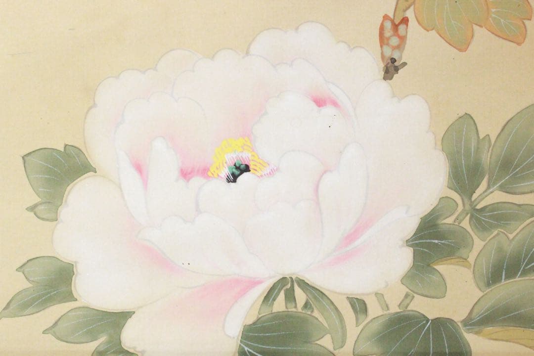 No5183掛軸　晴香　牡丹に雀　絹本　日本画　縁起物　花鳥図　古美術　送料無料