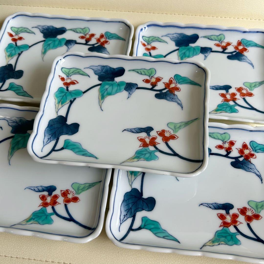 有田焼　伊万里焼　色鍋島　草花文　長角皿揃　5枚セット　銘々皿　取り皿　菊割皿
