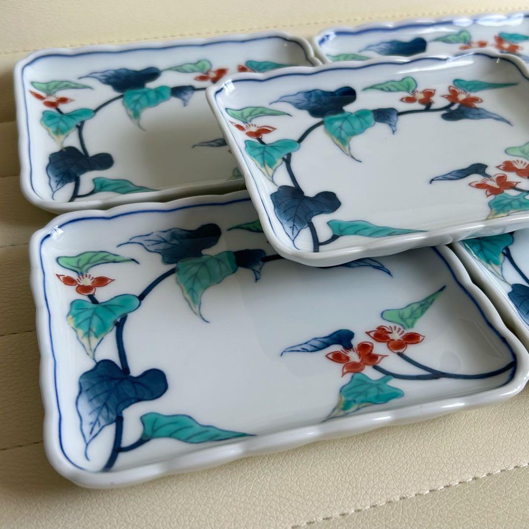 有田焼　伊万里焼　色鍋島　草花文　長角皿揃　5枚セット　銘々皿　取り皿　菊割皿