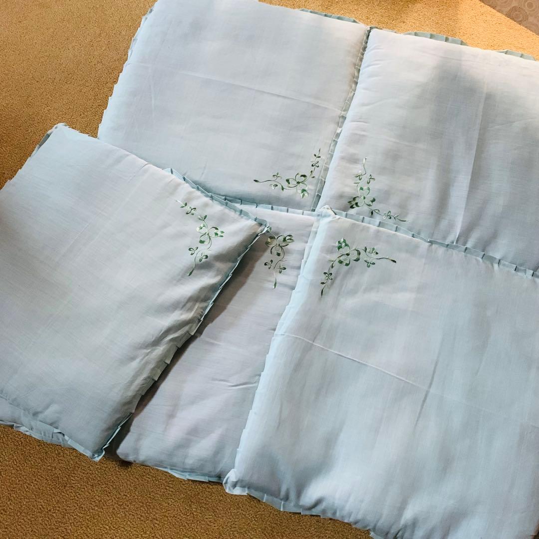水色 花刺繍 座布団5枚セット ティファニーブルー
