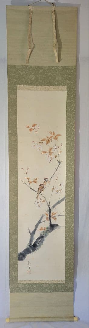 イワサキコーチ　桜花小禽　花鳥画　作家銘あり　掛け軸　共箱