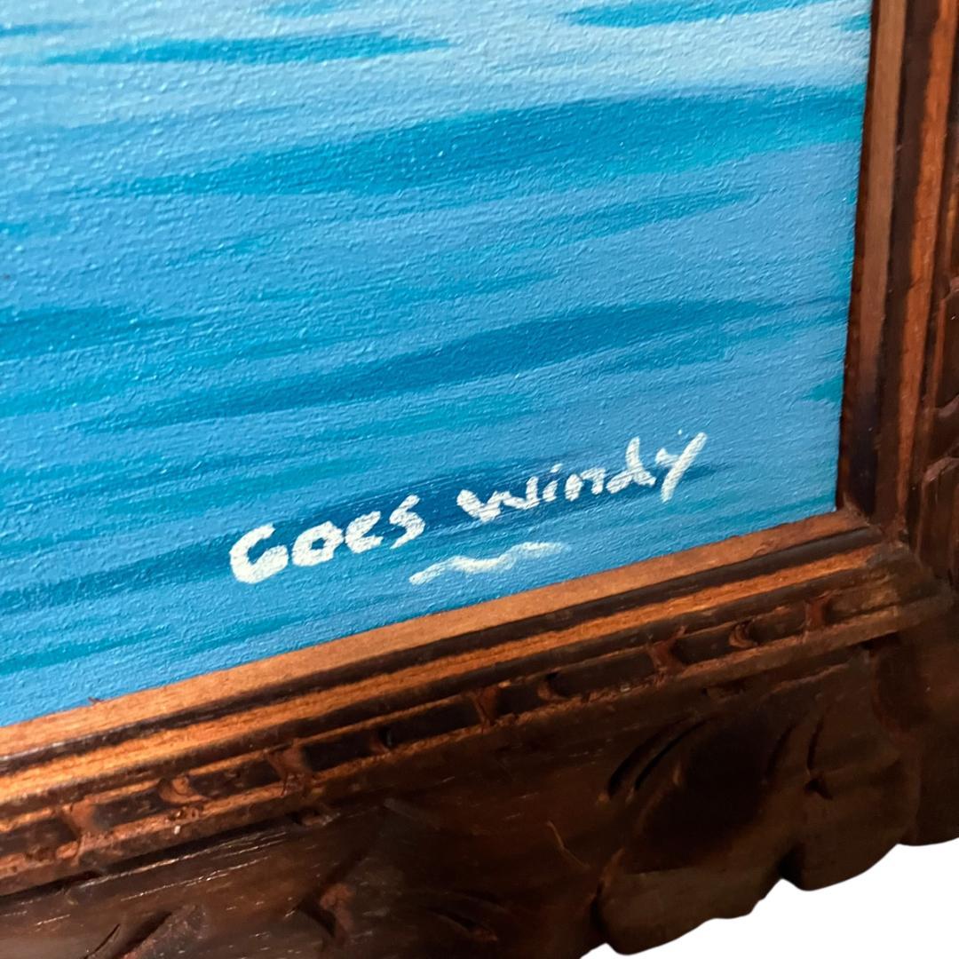 波の油彩画 木彫り額縁付き サーフアート 海景画 goes windy