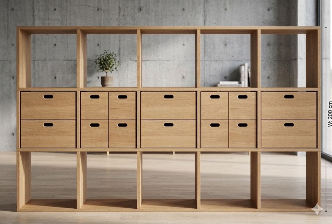 超美品★無印スタッキングシェルフセット・５段×３列 オーク材 チェスト５個付