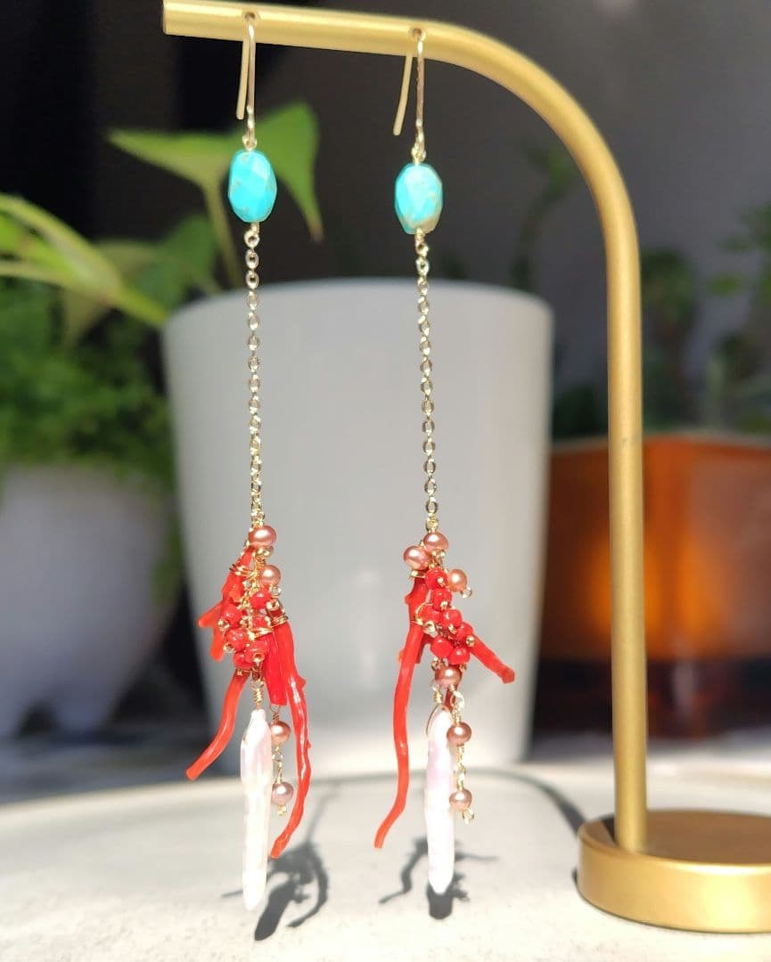 １4Kgf天然石　 潮風のロングピアス