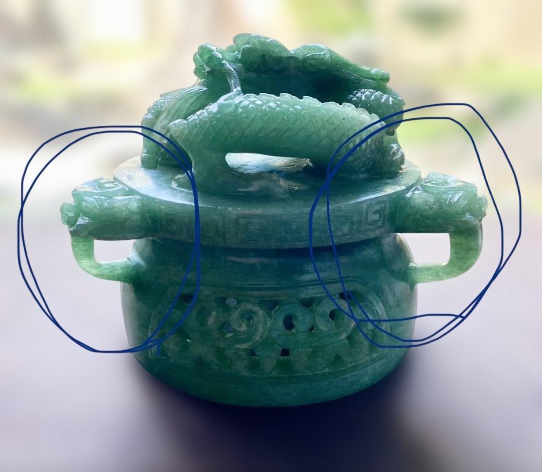 中国 香炉 翡翠 玉石 蓋付き ドラゴン彫刻 大きめ
