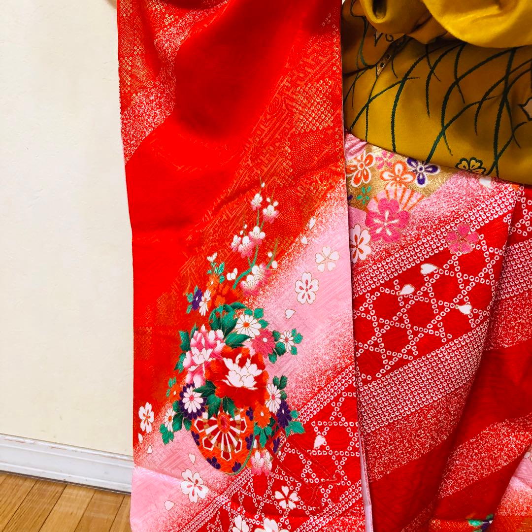 豪華7歳完全フルセット⭐︎人気赤地暈し絞り柄⭐︎花車金彩煌びやか逸品