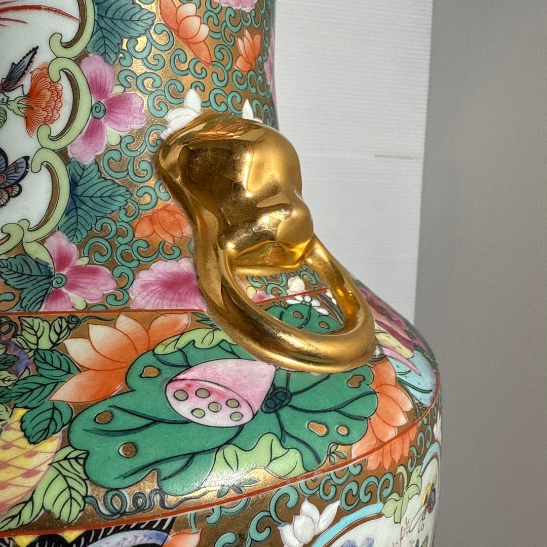 レア！大清乾隆年製 中国 粉彩 色絵 金彩 細密絵付 花鳥唐人図 飾り壺 花瓶