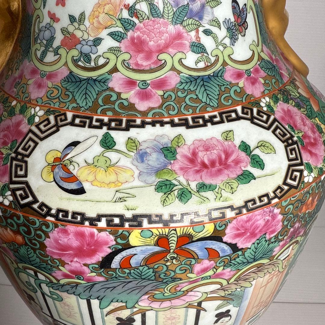 レア！大清乾隆年製 中国 粉彩 色絵 金彩 細密絵付 花鳥唐人図 飾り壺 花瓶