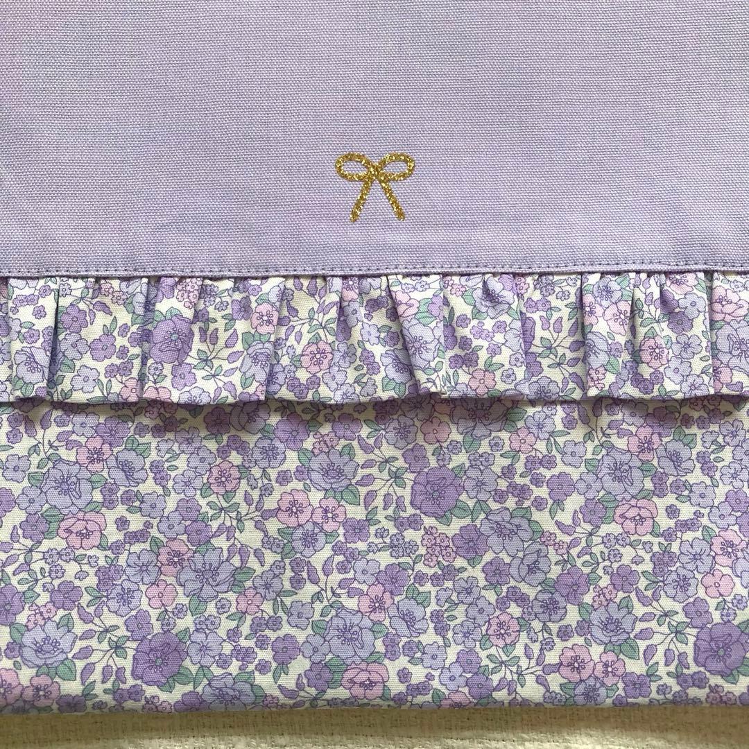 ママさん！小花柄フリルレッスンバッグ+体操服袋+上履き袋セット　ラベンダー
