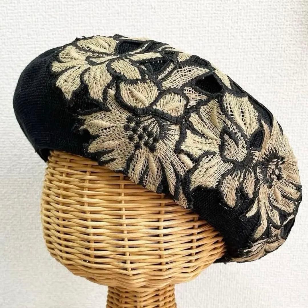 fairy.hat 作家帽子 レースベレー帽 黒 刺繍 ハンドメイド 一点物