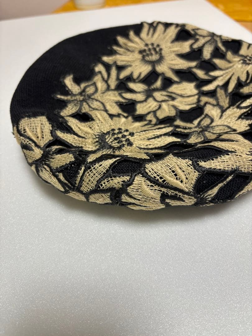 fairy.hat 作家帽子 レースベレー帽 黒 刺繍 ハンドメイド 一点物