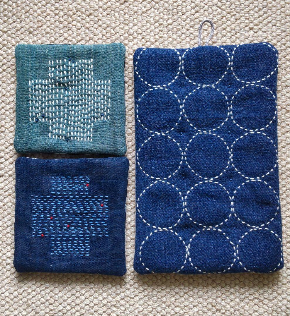 【ご予約】ハンドメイド　ポットマット　コースター　古布リメイク　藍染　絣　刺し子