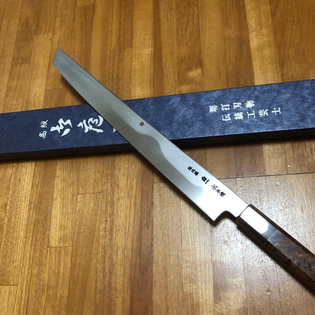 富士山 満月 池田美和 水本焼(白一鋼) 先丸蛸引300mm 花梨白水牛柄