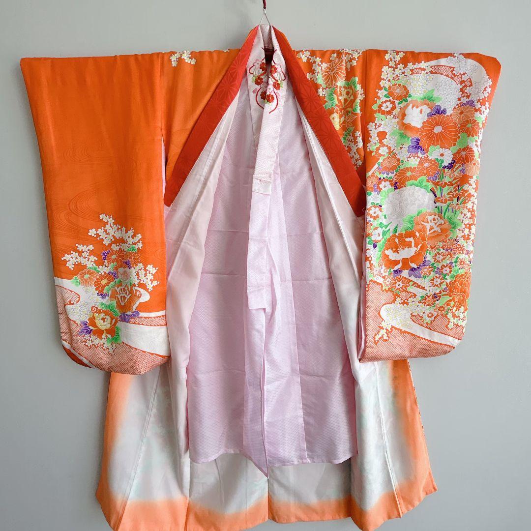 美品　フルセット　七五三７歳女の子　着物　化繊　オレンジ　51975