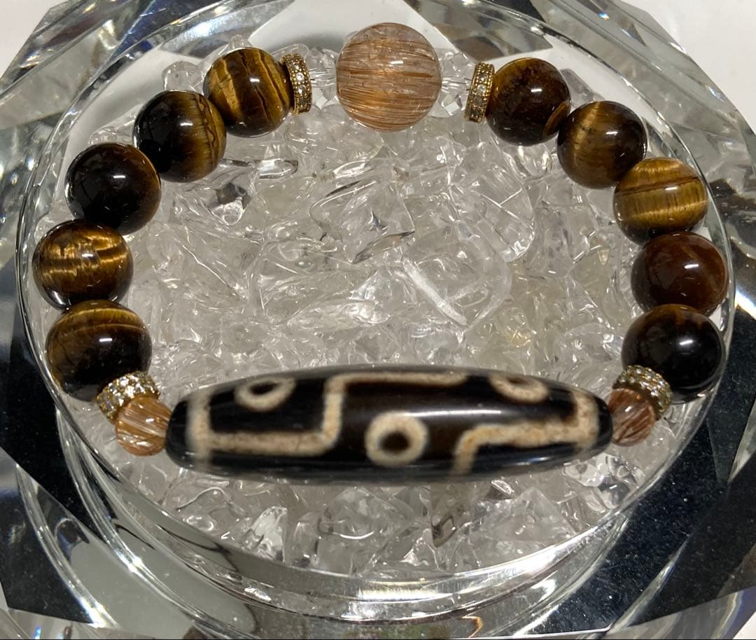 レア！　天然石　天珠　十二眼天珠　ルチルクォーツ　タイガーアイ　ブレス