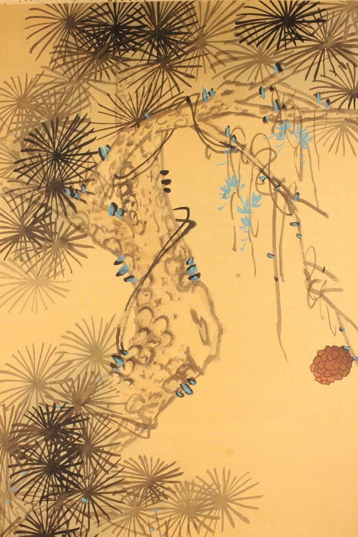 No5890 掛軸　在銘　沈南蘋(沈銓)　松、鶴図　絹本　紙箱　日本画　送料無料