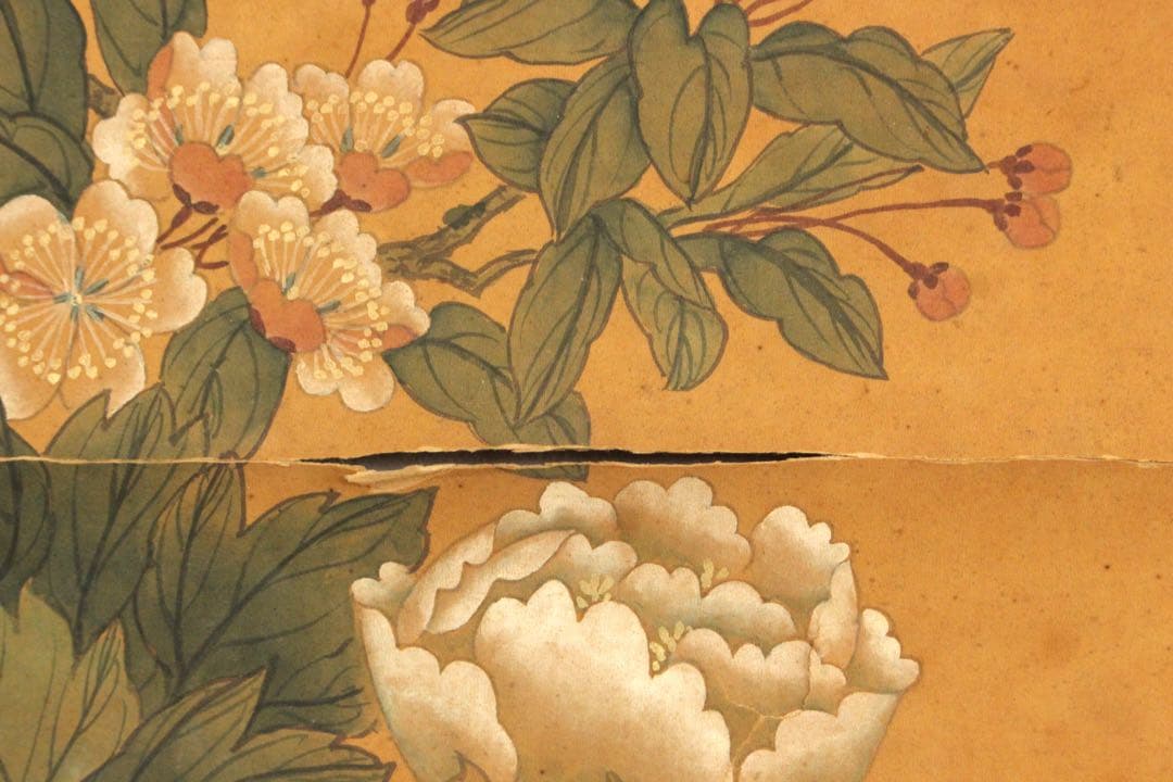 No5258 掛軸　「牡丹小禽図」　紙本着色　南画　日本画　古美術　送料無料