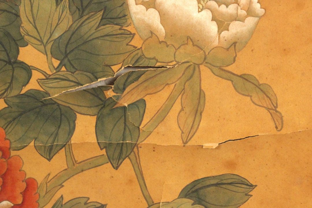 No5258 掛軸　「牡丹小禽図」　紙本着色　南画　日本画　古美術　送料無料