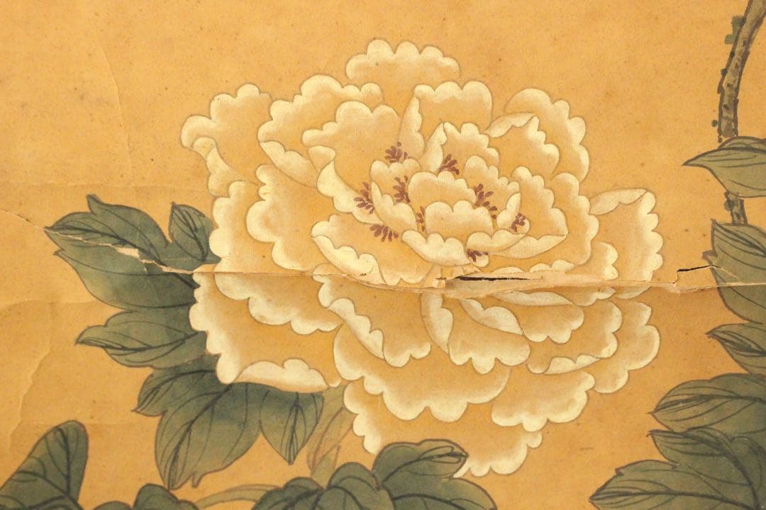 No5258 掛軸　「牡丹小禽図」　紙本着色　南画　日本画　古美術　送料無料