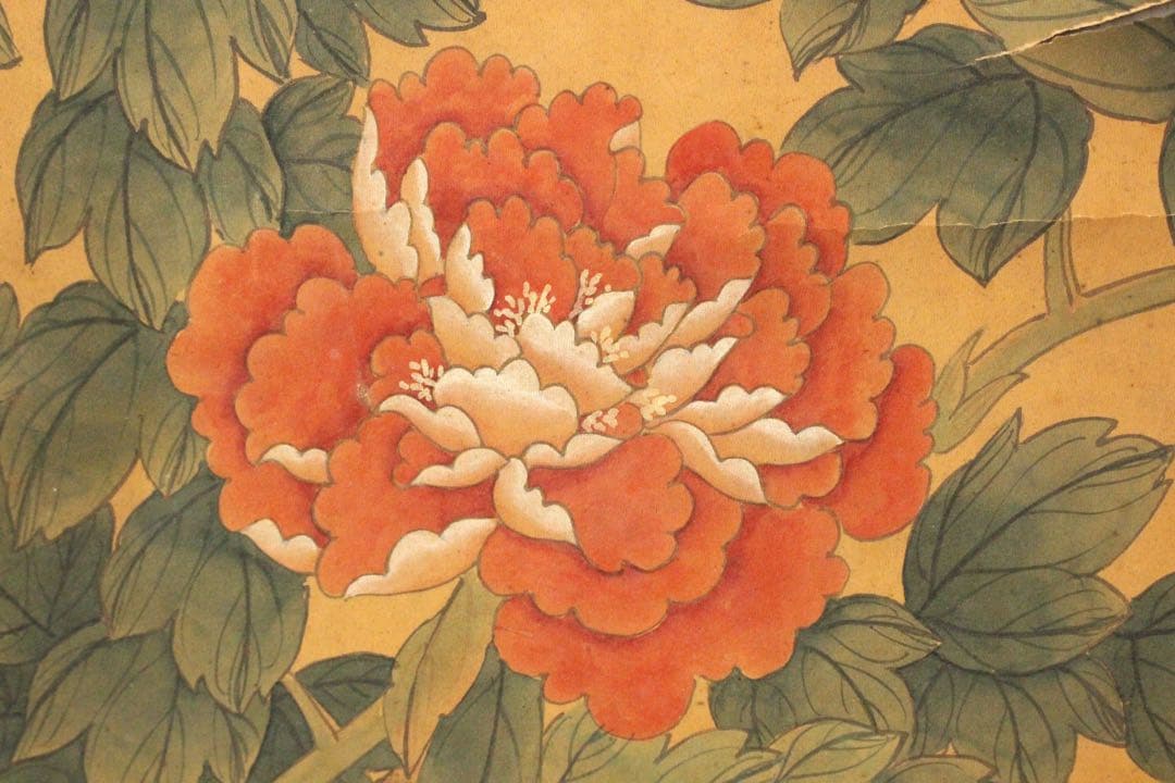 No5258 掛軸　「牡丹小禽図」　紙本着色　南画　日本画　古美術　送料無料