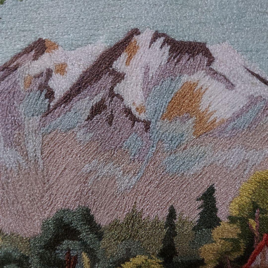 刺繍風景画 /残雪山並み/白樺林/川の流れ/村落建物