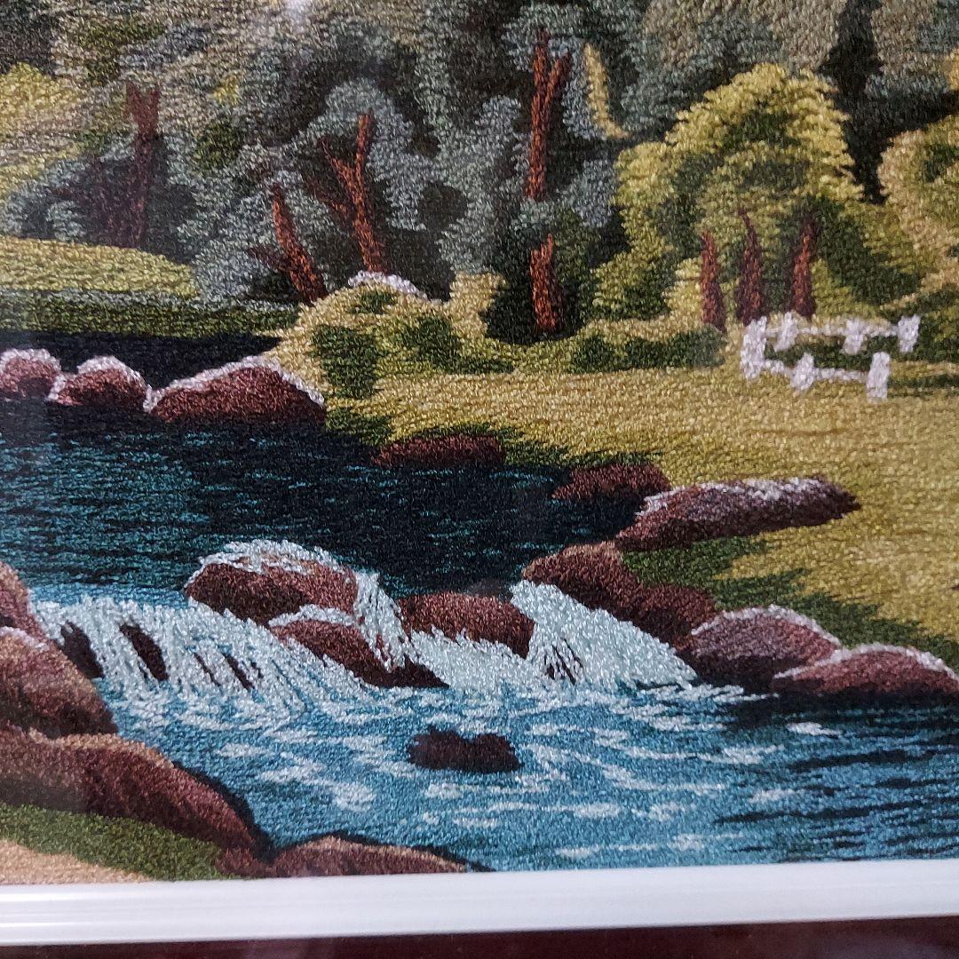 刺繍風景画 /残雪山並み/白樺林/川の流れ/村落建物
