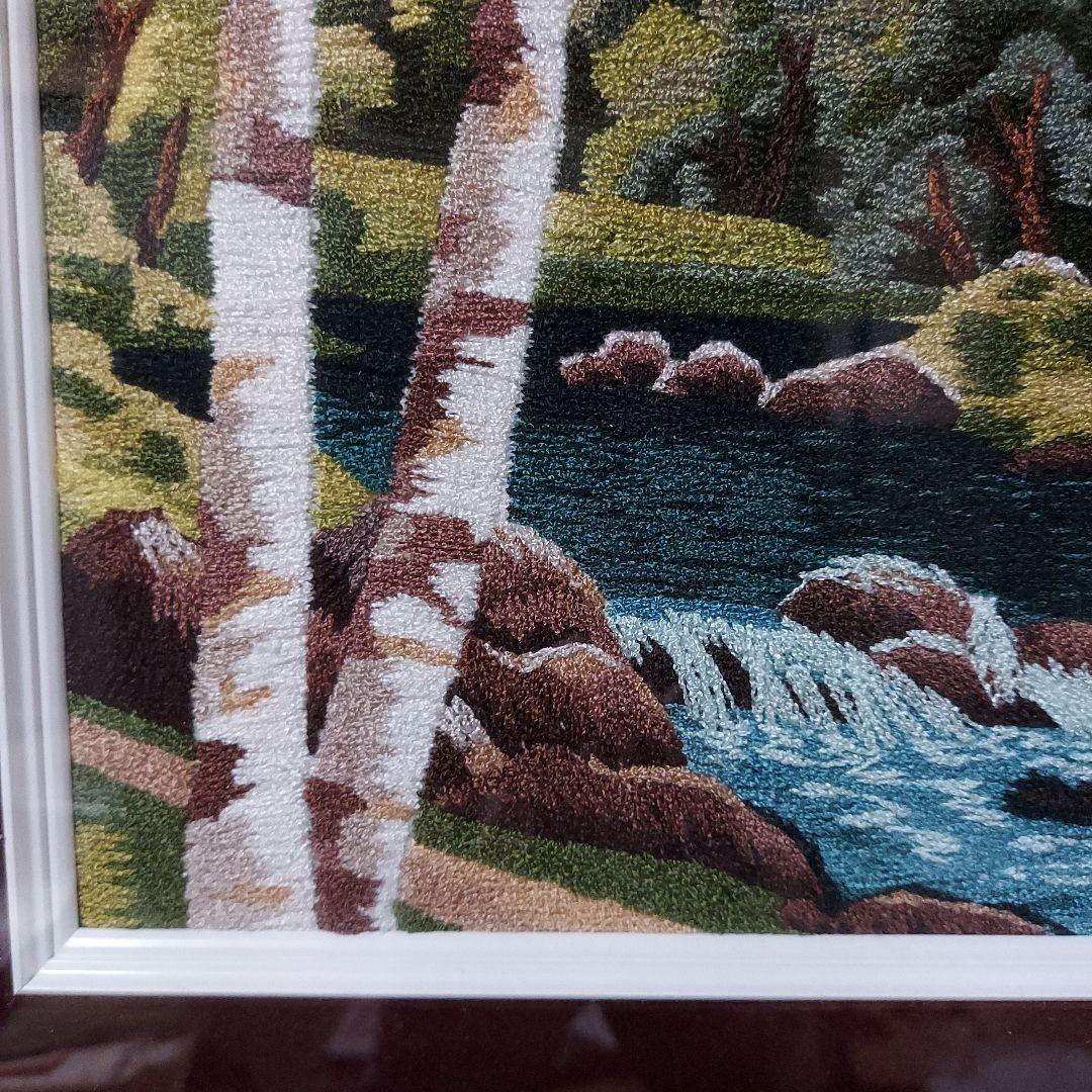 刺繍風景画 /残雪山並み/白樺林/川の流れ/村落建物