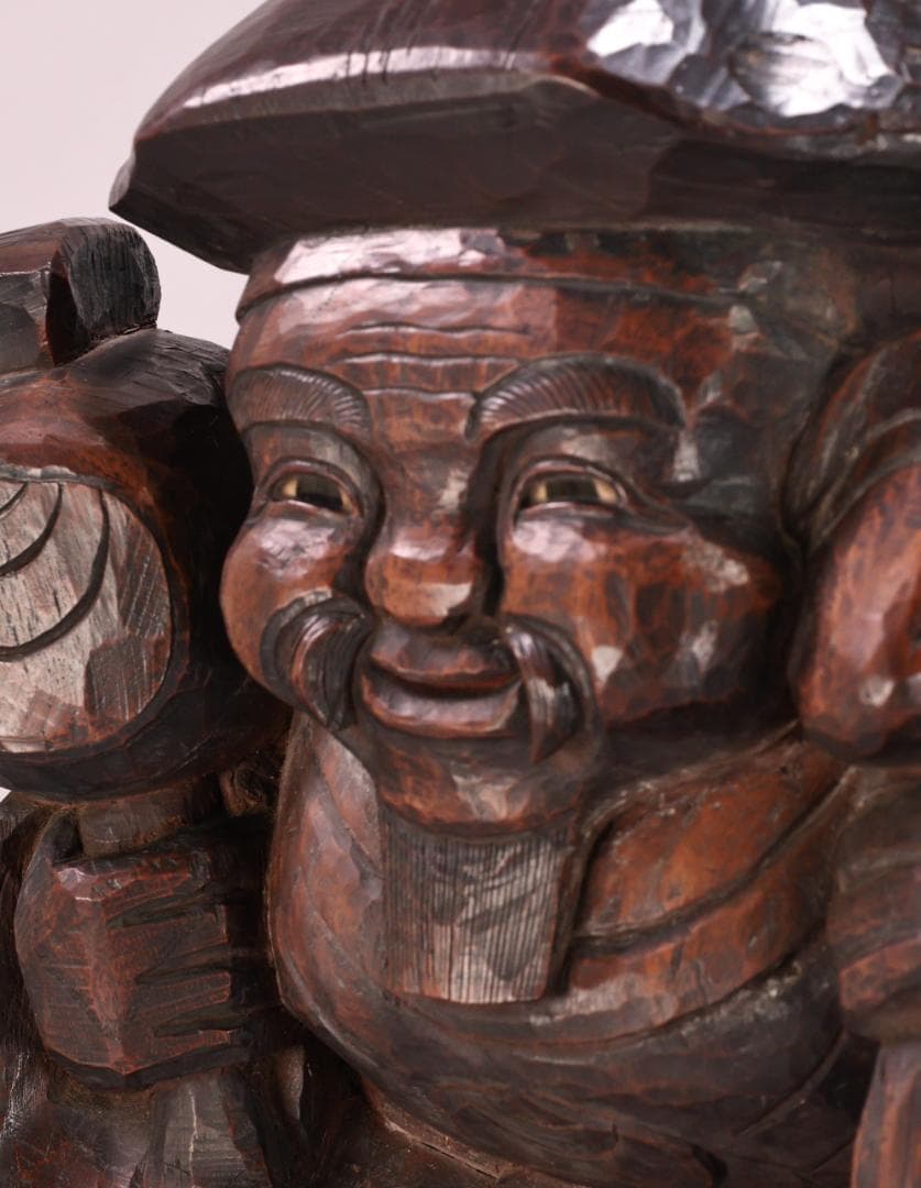 BK201　時代木彫　江戸期　大隅源義縄 作　恵比寿像　大黒像　玉眼　江戸ガラス