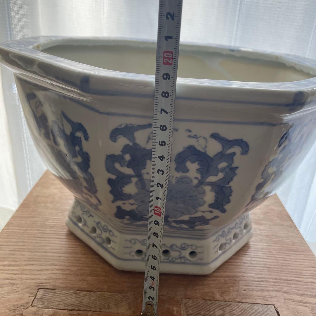 [希少] 鉢カバー 八角形 花柄 陶器鉢 和風 オリエンタル 鉢　青花柄