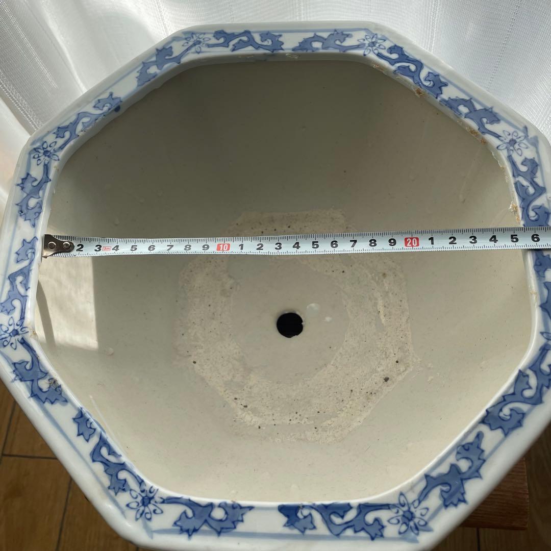 [希少] 鉢カバー 八角形 花柄 陶器鉢 和風 オリエンタル 鉢　青花柄