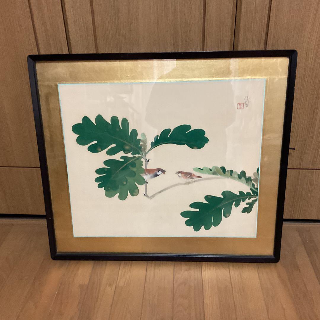 作者不詳作 落款印譜在 絹本花鳥画 無花果に雀図 額装仕立て