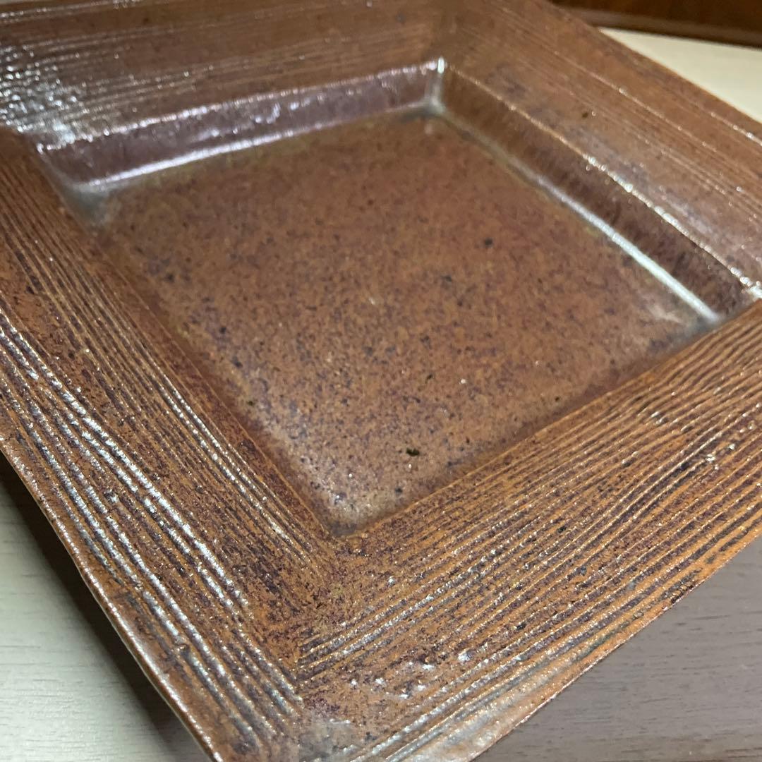 益子焼　浜田庄司　鉄砂？飴釉？櫛目紋角皿　約30センチ 箱なし
