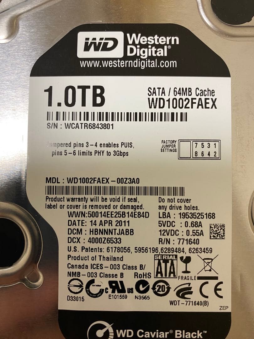 《2個セット》3.5インチ内蔵型HDD1TB【WD1002FAEX】ケーブル２本