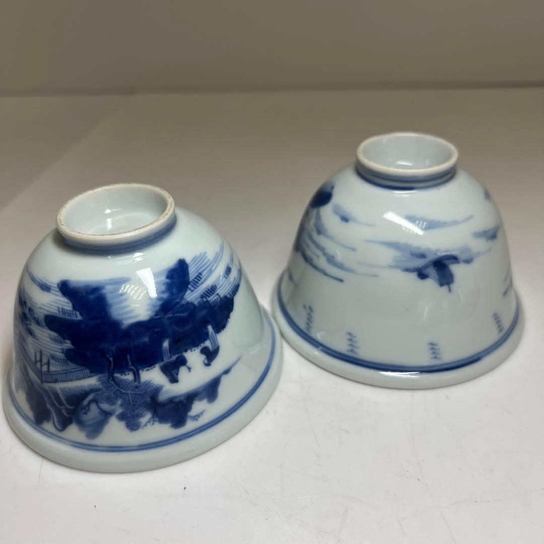 中国清時代　新渡青花蓋茶碗2客　身口径約9.5㎝　東Y8-0217☆2F