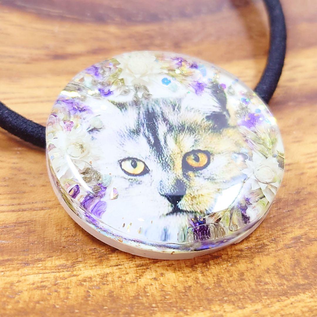 ドライフラワーと猫ちゃんのヘアゴム ハンドメイド レジン お花 ネックレス 丸