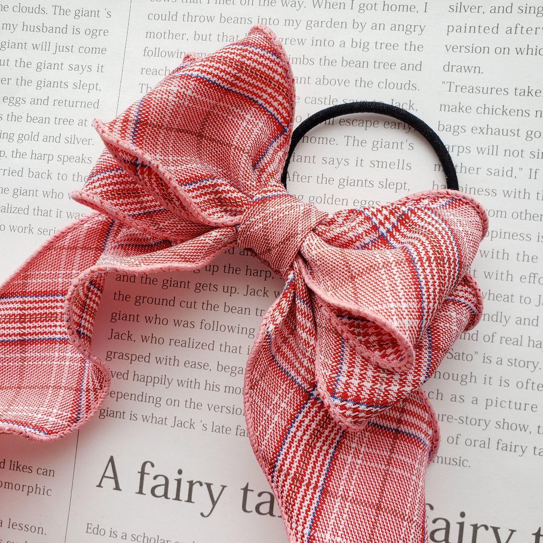 現品限り♡リボン　ヘアゴム♡チェックリボン♡レッド♡ひらひら♡ハンドメイド