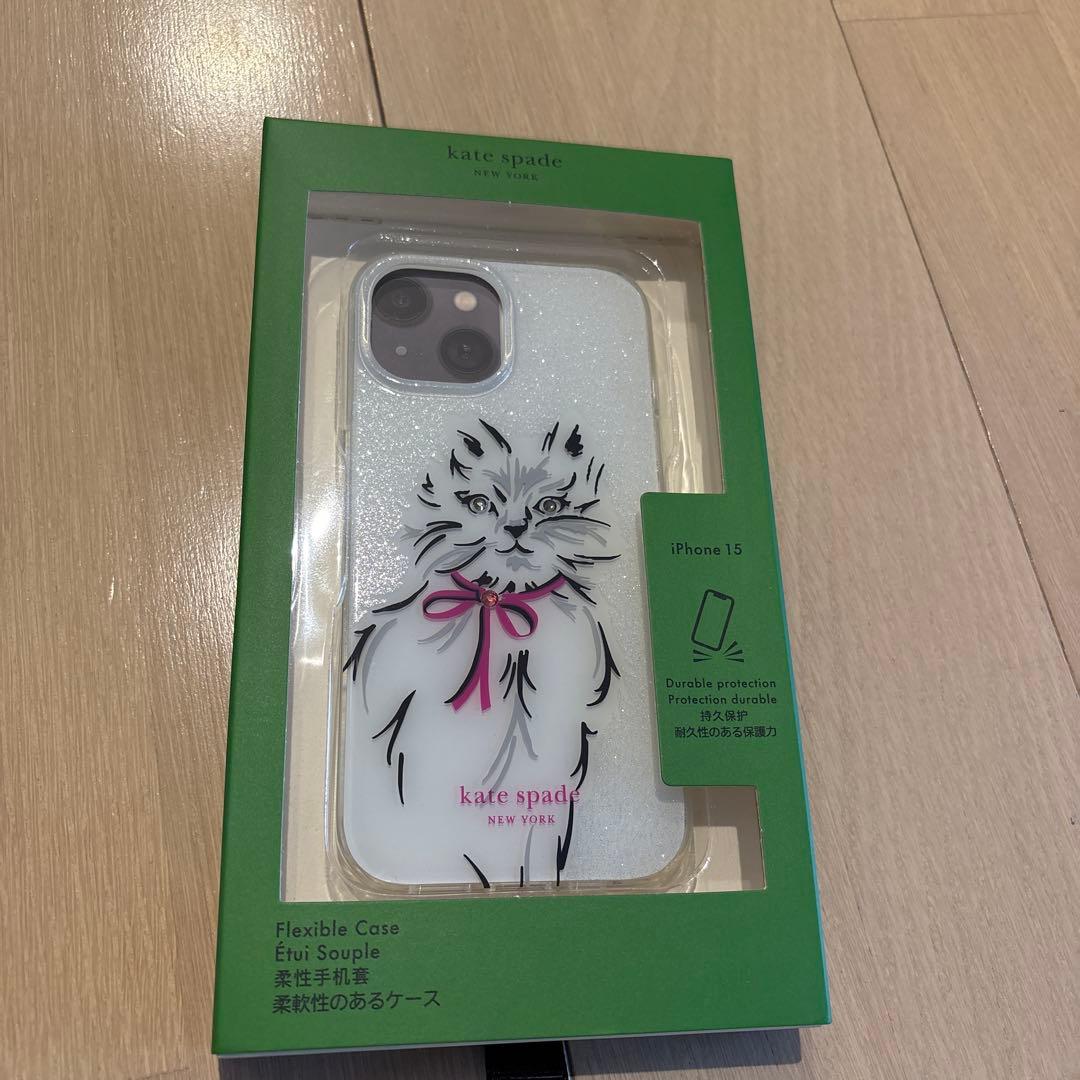 kate spade iPhone 15 ケース 白猫　グリッター