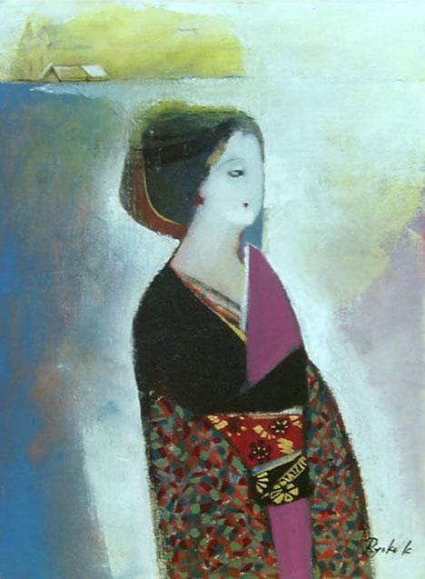 油絵 菅家令子 絵 絵画 インテリア 額付(黒) F4-142023 和服の女性