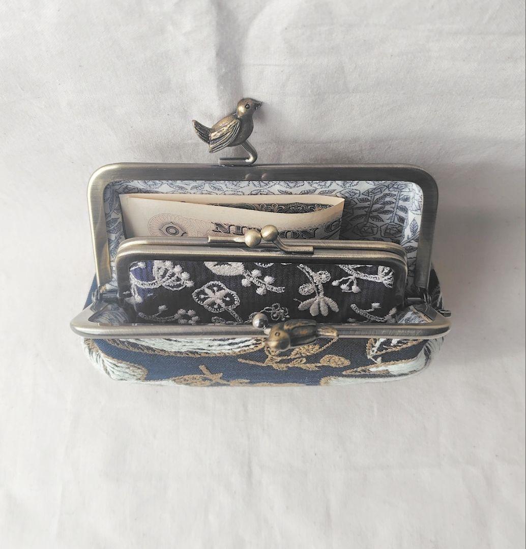 ミナペルホネン following day（navy）親子がま口 小鳥 財布